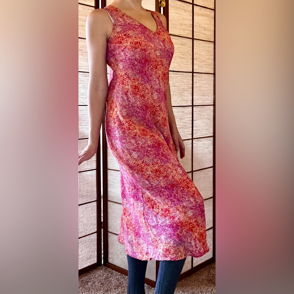 CDC petites 90s vintage sleeveless v neck midi dress pink orange abstract print